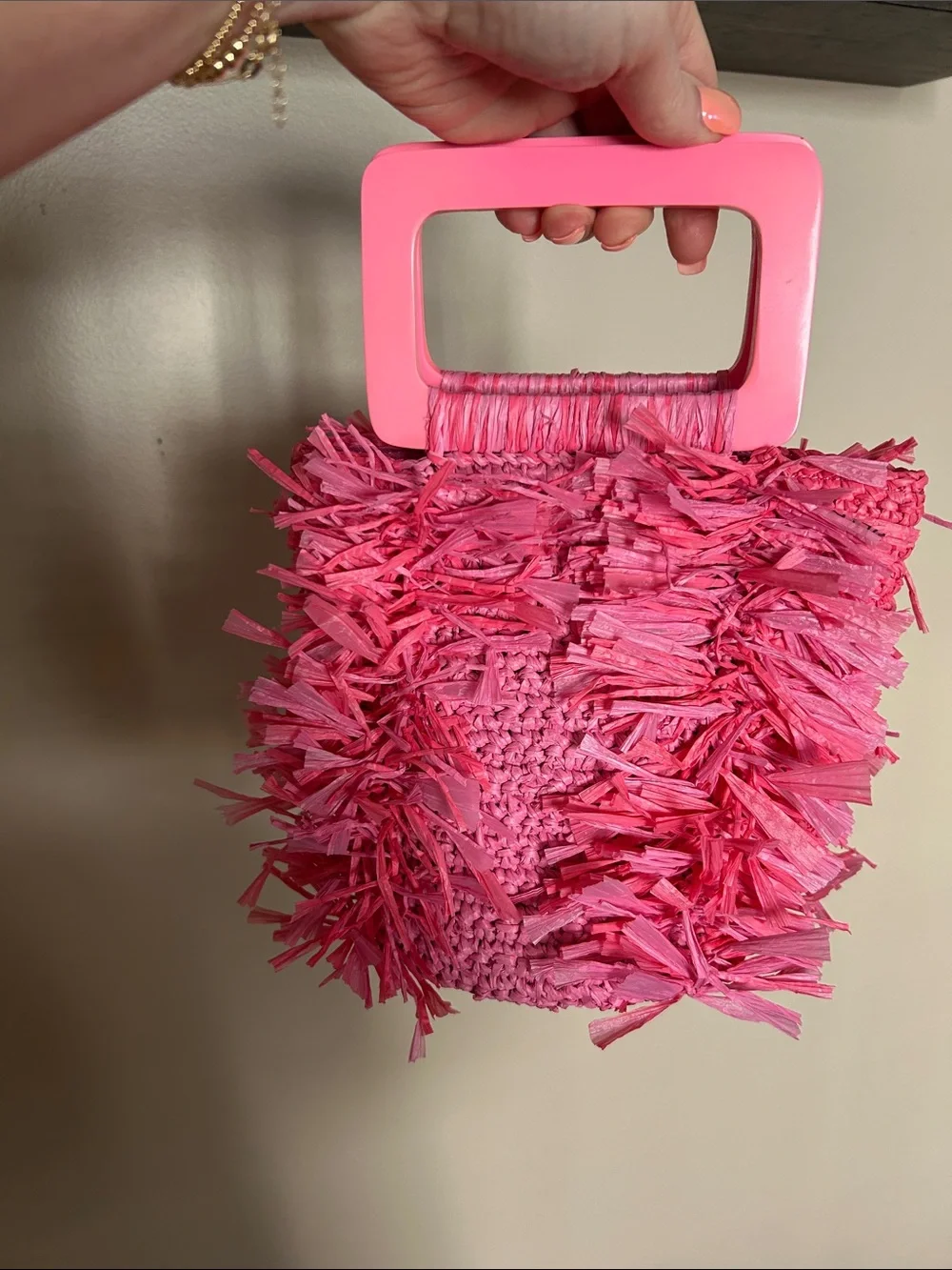 JCrew Woven Bright Pink Raffia Fringe Handbag with Acrylic Handles 🎀
